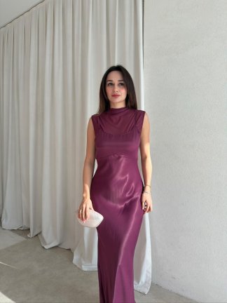 JUSTİN Saten Maxi Elbise 8825 - Mürdüm - 2