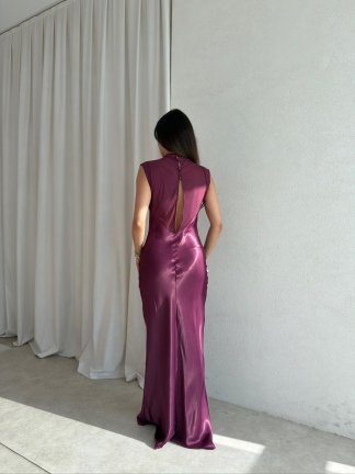 JUSTİN Saten Maxi Elbise 8825 - Mürdüm - 3
