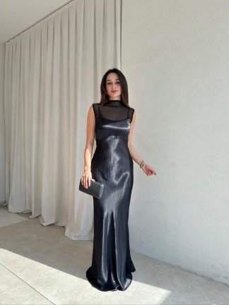 JUSTİN Saten Maxi Elbise 8825 - Siyah 