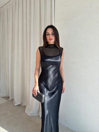 JUSTİN Saten Maxi Elbise 8825 - Siyah - 2