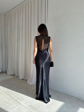 JUSTİN Saten Maxi Elbise 8825 - Siyah - 3