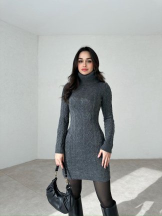 Kabartma Desenli Mini CARROL Elbise 6755 - Füme - 2