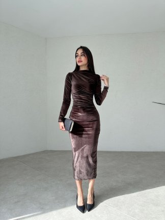 Kadife Büzgü Detaylı JULİET Elbise 2812 - Acı Kahve - 1
