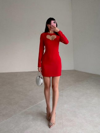 Kalp Dekolteli Mini CARPEN Elbise 4012 - Kırmızı - 4