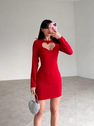 Kalp Dekolteli Mini CARPEN Elbise 4012 - Kırmızı - 3
