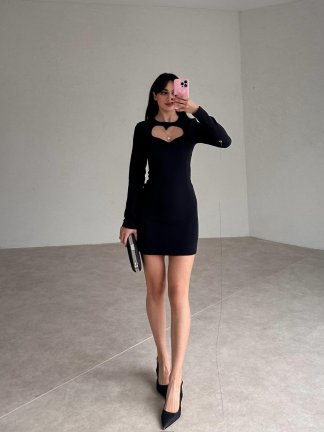 Kalp Dekolteli Mini CARPEN Elbise 4012 - Siyah - 3