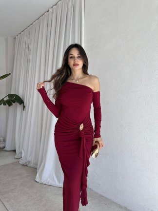 KANTE Maxi Elbise 8207 - Bordo - 1