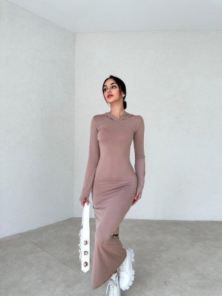 Kapüşonlu Midi FEORE Elbise 9233 - Vizon 