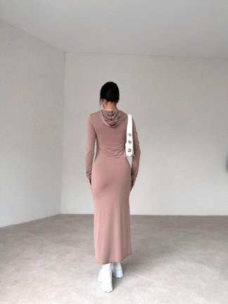 Kapüşonlu Midi FEORE Elbise 9233 - Vizon - 3