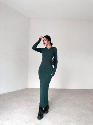 Kapüşonlu Midi FEORE Elbise 9233 - Yeşil - 2