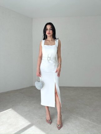 Kare Kemerli Midi LOUİS Elbise 2098 - Beyaz - 2