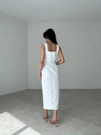 Kare Kemerli Midi LOUİS Elbise 2098 - Beyaz - 3