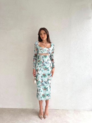 Kare Yaka Çiçek Desenli Midi Loren Elbise 5631 - Yeşil 