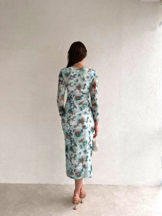 Kare Yaka Çiçek Desenli Midi Loren Elbise 5631 - Yeşil - 4