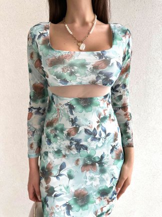 Kare Yaka Çiçek Desenli Midi Loren Elbise 5631 - Yeşil - 3