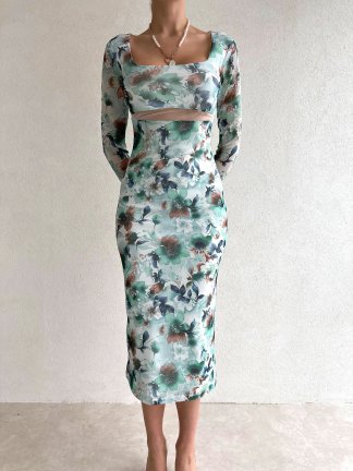 Kare Yaka Çiçek Desenli Midi Loren Elbise 5631 - Yeşil - 2