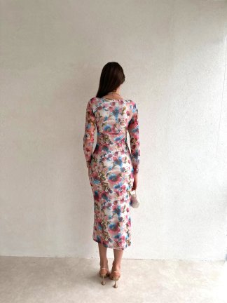 Kare Yaka Çiçek Desenli Midi Loren Elbise 5631 - Pembe - 5