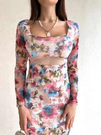 Kare Yaka Çiçek Desenli Midi Loren Elbise 5631 - Pembe - 3