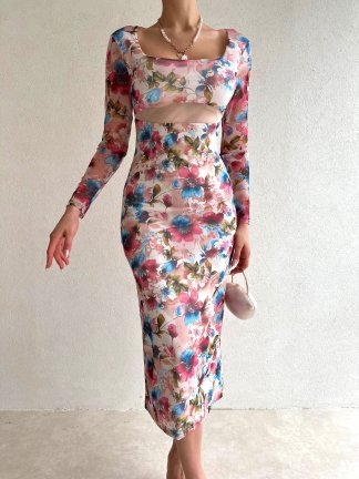 Kare Yaka Çiçek Desenli Midi Loren Elbise 5631 - Pembe - 2