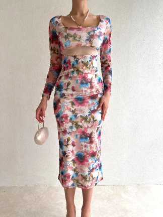 Kare Yaka Çiçek Desenli Midi Loren Elbise 5631 - Pembe - 4