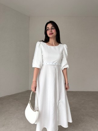 Karpuz Kollu Kemerli Solene Elbise - Beyaz - 1