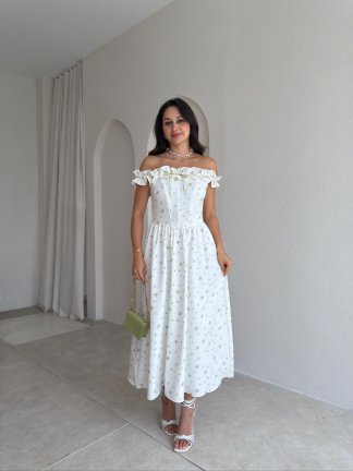KEANN Çiçek Desenli Midi Elbise 3023 - Yeşil 