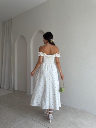 KEANN Çiçek Desenli Midi Elbise 3023 - Sarı - 3