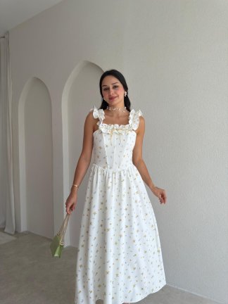 KEANN Çiçek Desenli Midi Elbise 3023 - Sarı - 2