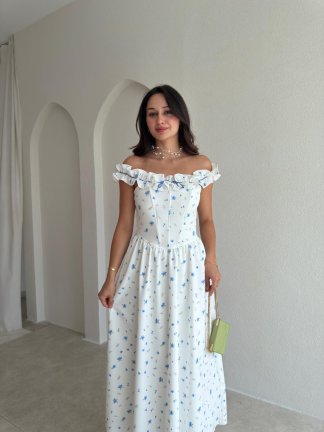 KEANN Çiçek Desenli Midi Elbise 3023 - Mavi - 2
