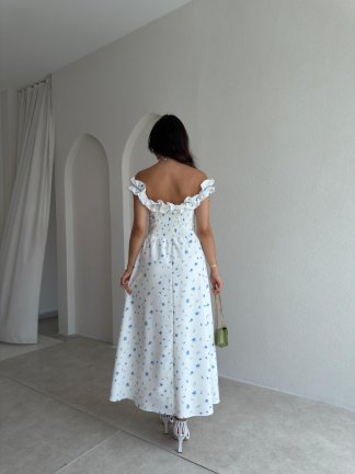 KEANN Çiçek Desenli Midi Elbise 3023 - Mavi - 3