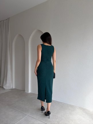 KELSEY Taşlı Midi Elbise 9028 - Zümrüt Yeşili - 3