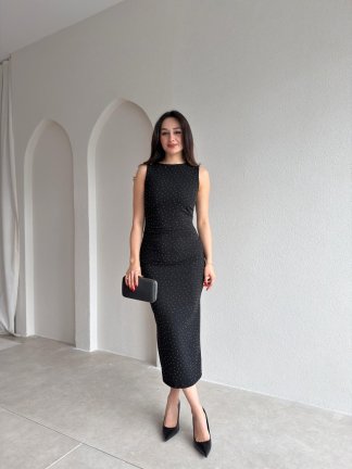 KELSEY Taşlı Midi Elbise 9028 - Siyah 