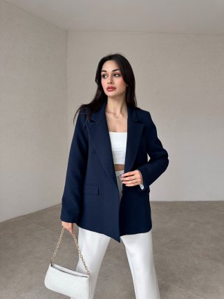 Keten Kumaş Fleur Ceket - Lacivert - 1