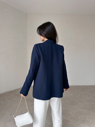 Keten Kumaş Fleur Ceket - Lacivert - 2