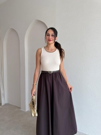 KHAİ Kemerli Midi Elbise 3060 - Acı Kahve - 2