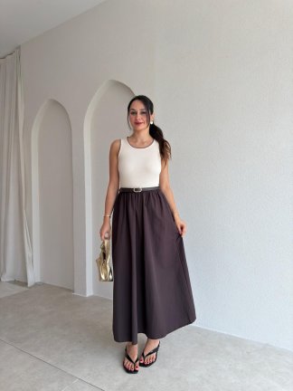 KHAİ Kemerli Midi Elbise 3060 - Acı Kahve - 1