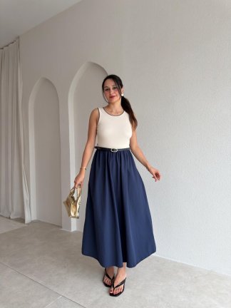 KHAİ Kemerli Midi Elbise 3060 - Lacivert 