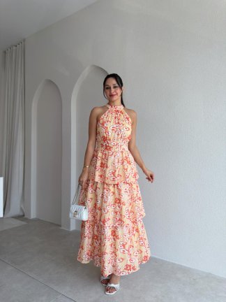 KİANA Desenli Midi Elbise 3041 - Sarı - 1