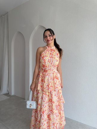 KİANA Desenli Midi Elbise 3041 - Sarı - 2