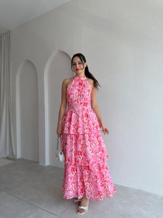 KİANA Desenli Midi Elbise 3041 - Pembe 