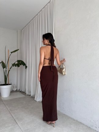 KİRKE Maxi Elbise 8242 - Kahverengi - 3