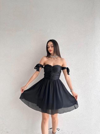 Kolları Bağlama Detaylı Mini CAMOMİLE Elbise 9080 - Siyah - 1