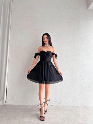 Kolları Bağlama Detaylı Mini CAMOMİLE Elbise 9080 - Siyah - 2