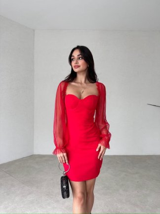 Kolları Transparan Faith Elbise 5581 - Kırmızı - 1