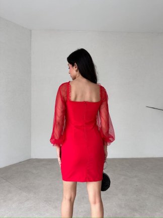 Kolları Transparan Faith Elbise 5581 - Kırmızı - 2