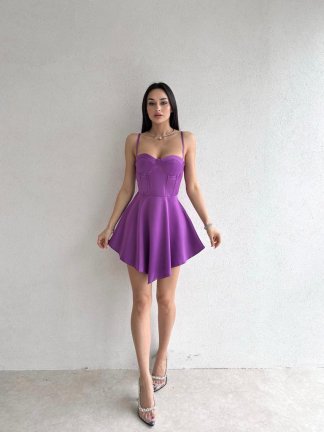 Korse Görünümlü Saten Mini Norman Elbise 5443 - Mor - 2