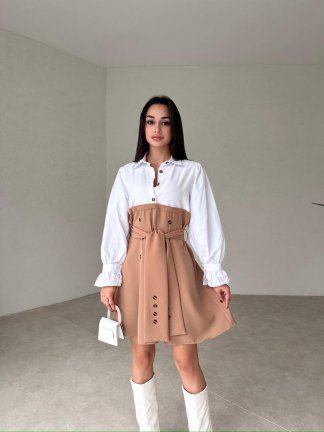 Kuşaklı Mini BUD Elbise 2022 - Camel - 1