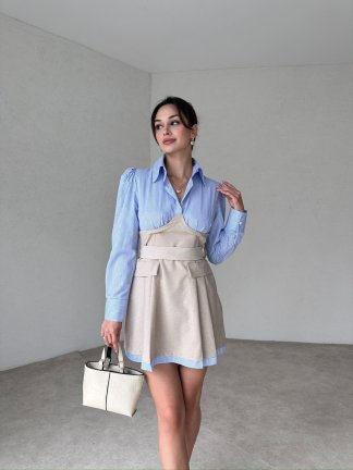 Kuşaklı Mini ODELLA Elbise 2024 - Krem 