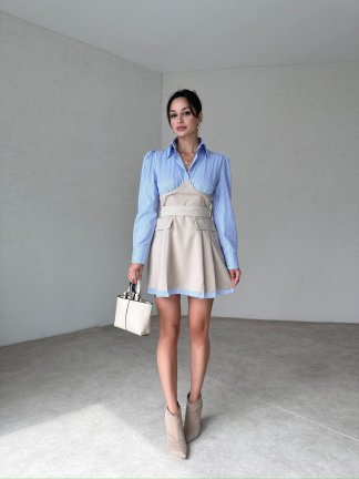 Kuşaklı Mini ODELLA Elbise 2024 - Krem - 2