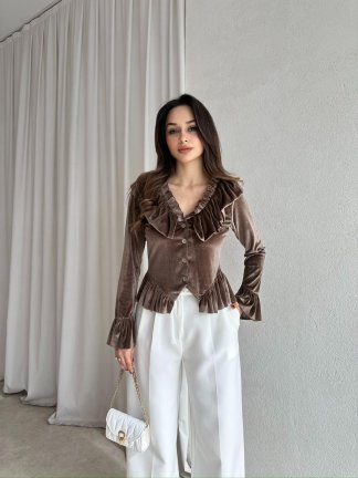 LABEL Kadife Bluz 8765 - Kahverengi - 1